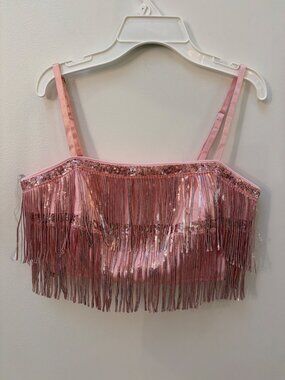 Altar'd State Pink Sequin Fringe Crop Top With Adjustable Straps & Back Zipper C